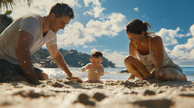 Junge Familie mit Kleinkind am Strand beim entspannten Urlaub