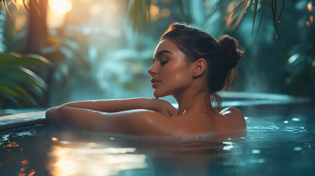 Frau entspannt in einem europäischen Thermalhotel mit Spa-Bereich und ruhiger Atmosphäre